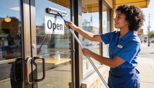 Smiling retail worker cleaning storefront glass with squeegee next to open sign