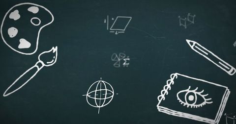 Chalkboard with school supplies and math symbols concept art