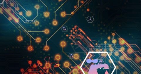 Futuristic Neon Circuit Network Showing Glowing Central Node, Hexagon Interface and Data Traces