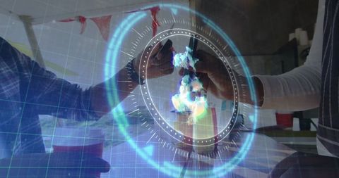 Futuristic Cheers: Friends Clinking Beers with Holographic Flair