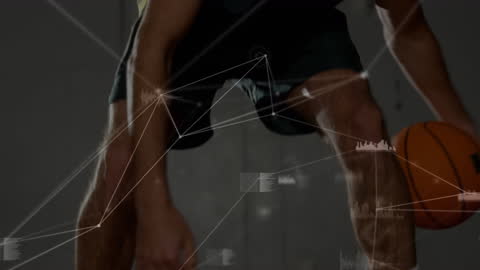 Caucasian Male Playing Basketball with Digital Network Overlay