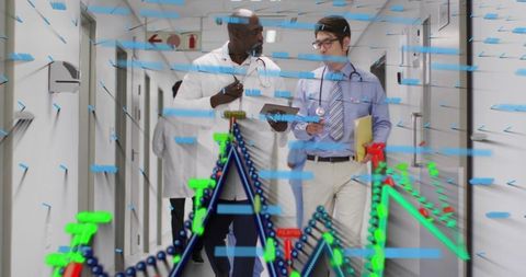 Doctors walking and consulting with augmented reality data overlays in hospital hallway