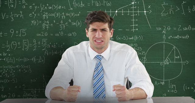 Image of angry Caucasian man sitting in front of chalkboard with moving mathematical graphs and formulae written in chalk