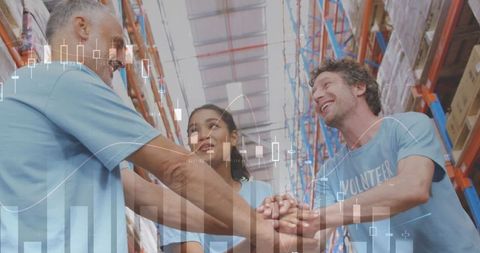 Collaborative warehouse team with digital data overlay