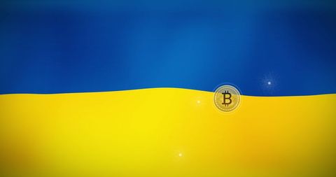 Bitcoin Symbol on Ukrainian Flag Reflecting Economic Tension