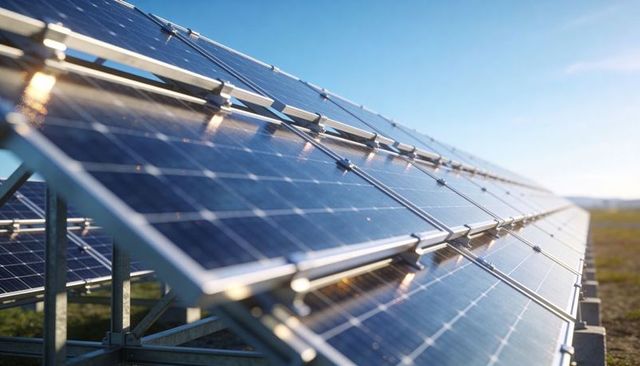 Glinting Ground-Mounted Solar Panel Array on Rural Field with Metal Rails and Horizon