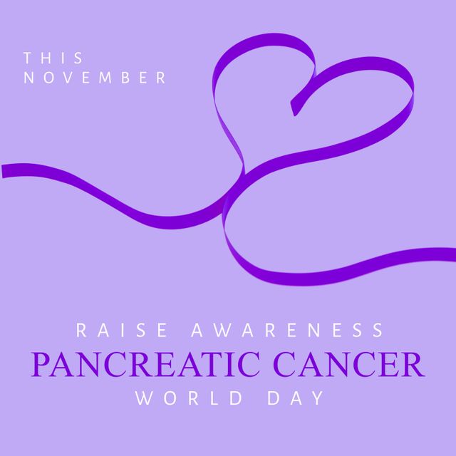 Purple ribbon shaped into heart, symbolizing support for pancreatic cancer awareness in November. Useful for awareness campaigns, social media posts, healthcare events, informational flyers, and community support initiatives.