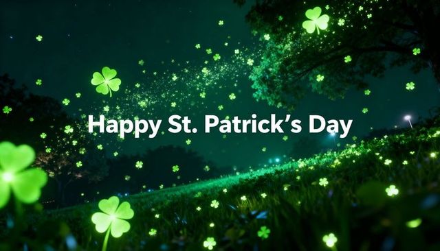 Glowing neon shamrocks floating over night meadow, bold happy st. Patrick's day greeting