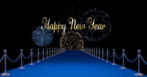 Elegant happy new year with fireworks and blue carpet pathway
