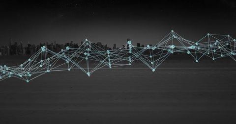 Futuristic Network Nodes Over Urban Skyline at Night