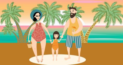 Illustration of happy family on tropical beach vacation