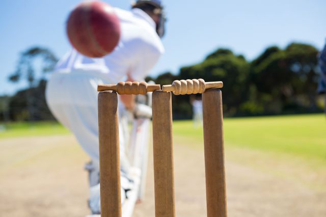 This image captures a dynamic moment in a cricket match with the ball hitting the stumps and the batsman in the background. Ideal for use in sports articles, cricket training materials, or promotional content for cricket events.
