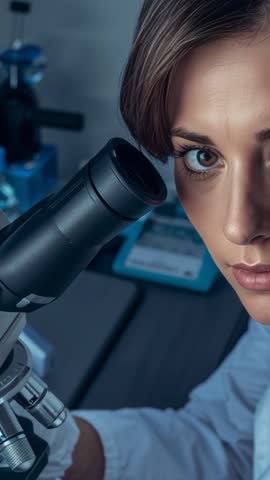 Vertical lab clip: Woman scientist aligning microscope and analyzing sample with precision