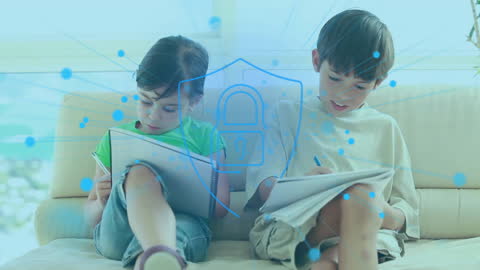 Children Studying with Digital Security Interface Overlay