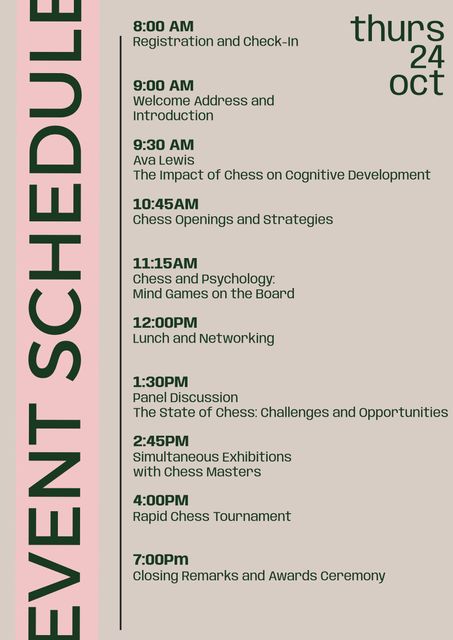 This template showcases a comprehensive chess event schedule, featuring activities like workshops on cognitive development, simultaneous exhibitions with chess masters, and rapid chess tournaments. Ideal for organizing and promoting chess events, educational programs, and community gatherings via social media, newsletters, and event flyers.