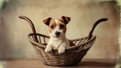 Adorable terrier resting in rustic wicker basket