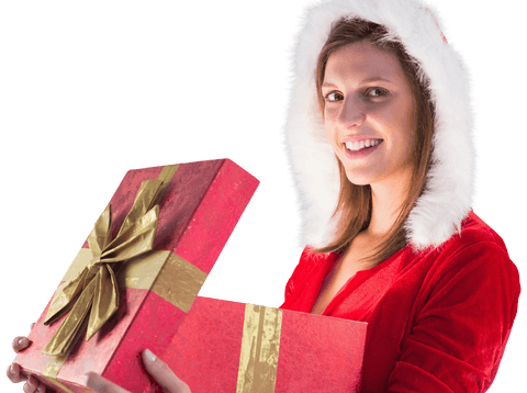 Smiling woman in santa hat with transparent christmas gift box