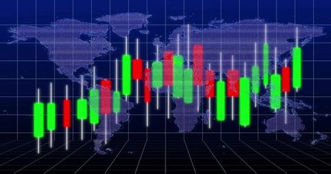 Futuristic neon candlestick market chart over holographic world map global trading interface