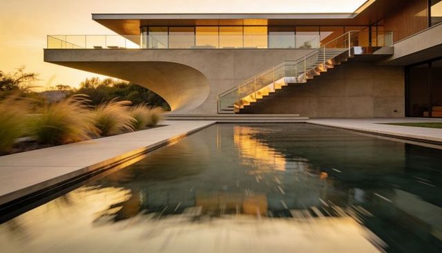 Golden hour concrete cantilever residence over reflecting pool with floating staircase
