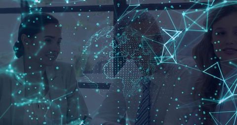 Executives discussing technology strategy with digital network overlay