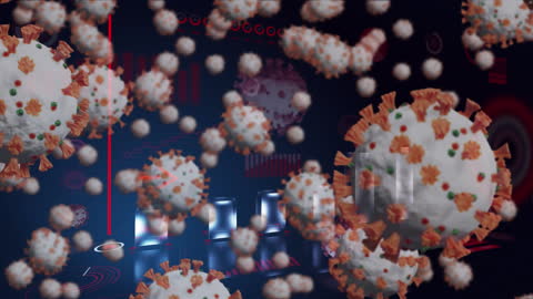 Illustration showing floating COVID-19 cells against a digital data backdrop, symbolizing pandemic and its impact on technology and data processing. Useful for visual science content, health articles, educational resources, or digital transformation in healthcare.
