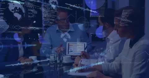 Business Team Analyzing Data with Augmented Reality Technology in Conference Room