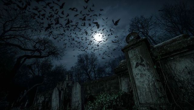 Gothic Bats Circling Graveyard Under Full Moon