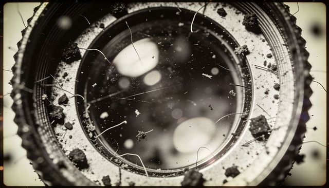 Dust-covered camera lens macro showing scratches, hairs, knurled barrel and bokeh texture