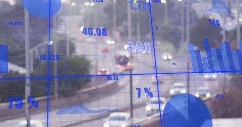 Urban traffic analytics visualization overlaying blue charts with infographics on roadway