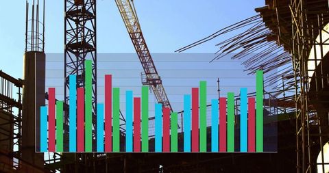 Construction Data Visualization Showing Translucent Bar Chart Overlay on Building Site