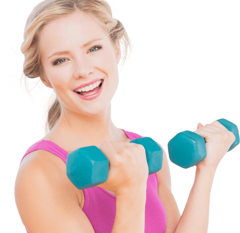 Smiling caucasian woman lifting weights on transparent background