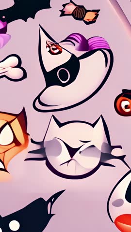 Vertical Halloween pattern video panning across tabletop featuring witch hat, sleepy cat, flying bat