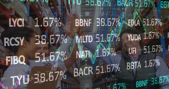 Business professionals celebrating financial success with stock market overlay - Download Free Stock Photos Pikwizard.com