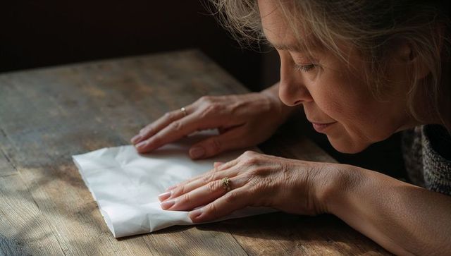 Senior woman flattening envelope on worn wooden table in calm domestic moment, profile