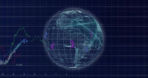 Visualizing global currency flows on digital dashboard with wireframe globe and pound symbols