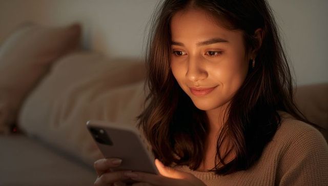Woman reading smartphone on sofa in warm evening light, cozy home tech moment