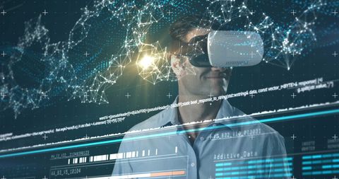 Man Exploring Virtual Reality with Digital Interface Overlay - Download Free Stock Images Pikwizard.com