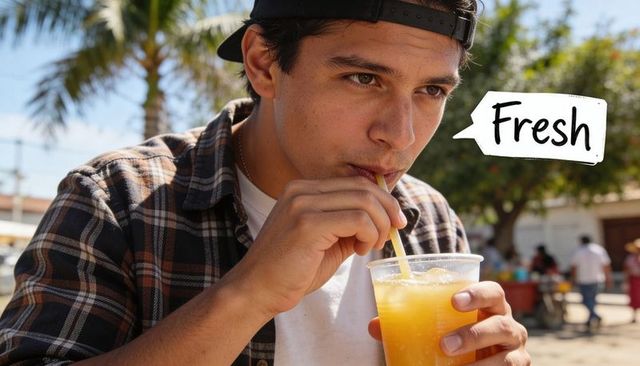 Man sipping fresh orange juice at outdoor market wearing backward cap and plaid shirt