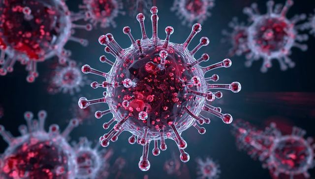 Floating spherical virus particle with spike proteins and translucent red core