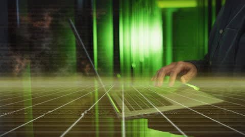 Engineer Operating in Server Room with Digital Network Overlay