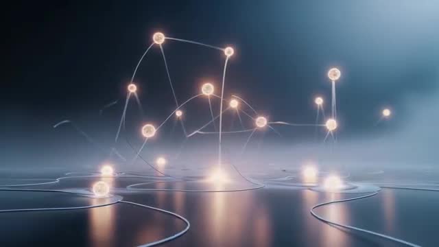 Futuristic Network of Glowing Spheres in Digital Landscape