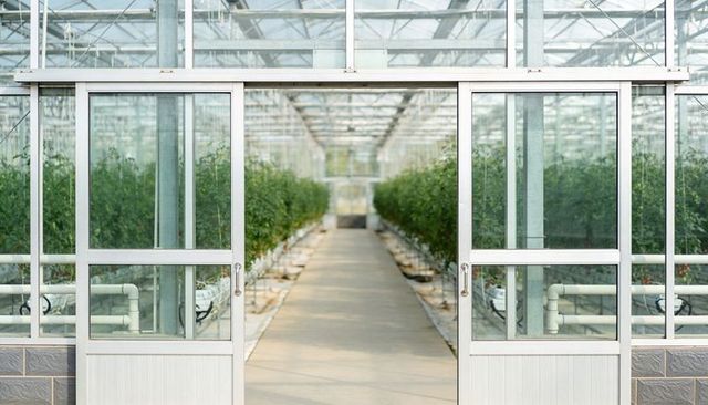 Glass greenhouse double doors opening to hydroponic tomato rows and concrete aisle