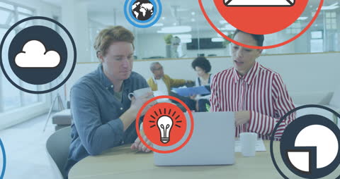 Diverse Coworkers Collaborating with Digital Overlays in Office