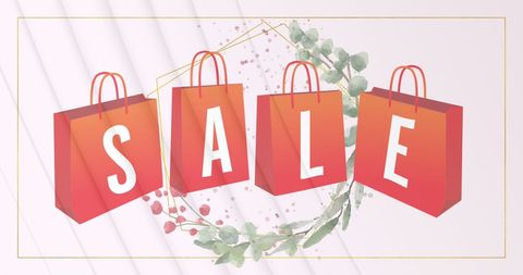 Red Sale Shopping Bags Against Floral Abstract Background