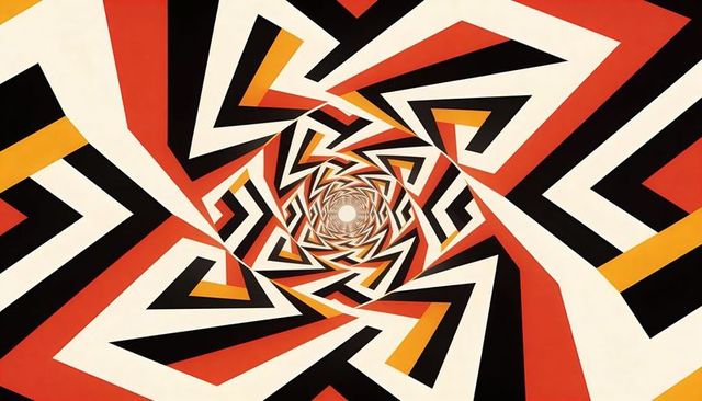 Spiral chevron tunnel pattern with retro red black cream mustard bands and geometric motion