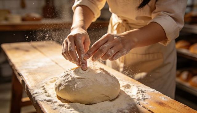 Artisan baker shaping round dough boule on floured wooden bench in sunlit rustic bakery