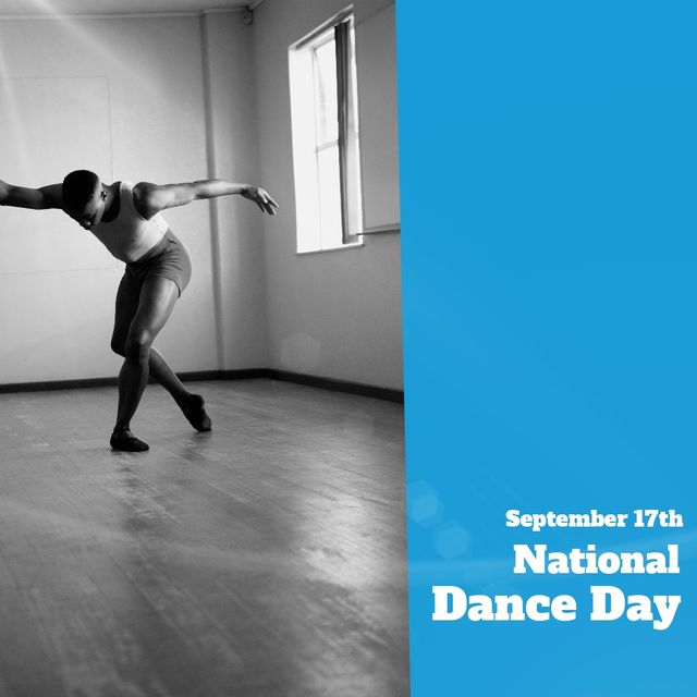 African American male ballet dancer demonstrating graceful movements in a dance studio, celebrating National Dance Day on September 17th. Ideal for promoting dance events, diversity in the arts, and National Dance Day celebrations.