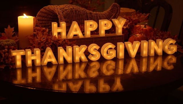 Glowing happy thanksgiving lighted letters reflecting on table with cornucopia and candle