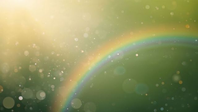 Shimmering rainbow arch crossing misty green bokeh with light particles and lens flare