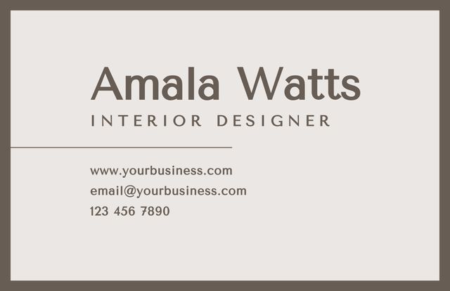 This image depicts a minimalist and elegant business card template aimed at interior designers and other design professionals. The card showcases essential contact information against a clean background, highlighting a sophisticated and professional look. Ideal for use in networking, creating an impressive visual identity, and branding for design-related businesses.